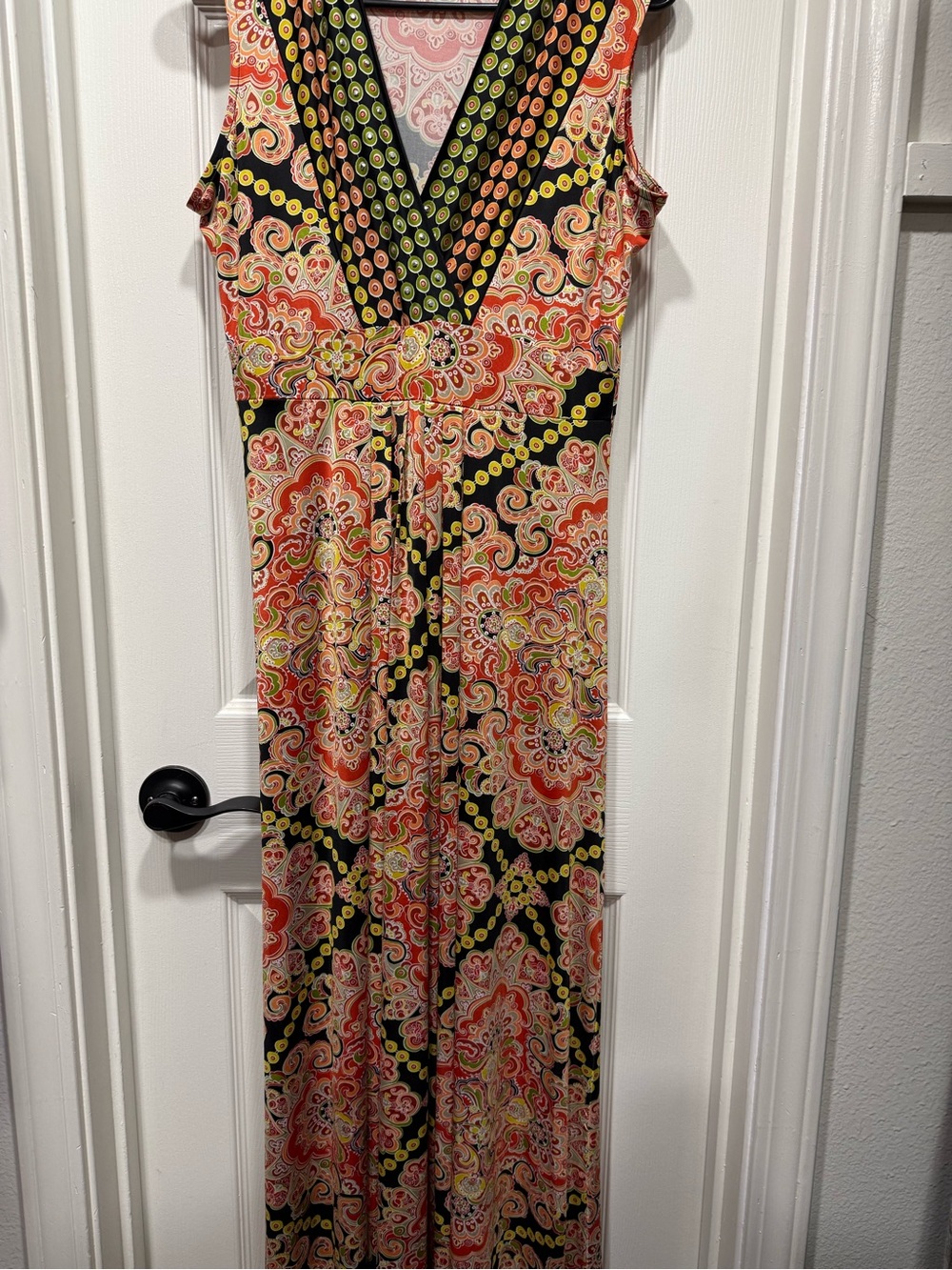 Madison V-Neck Paisley Maxi Dress in Coral, Black and Yellow